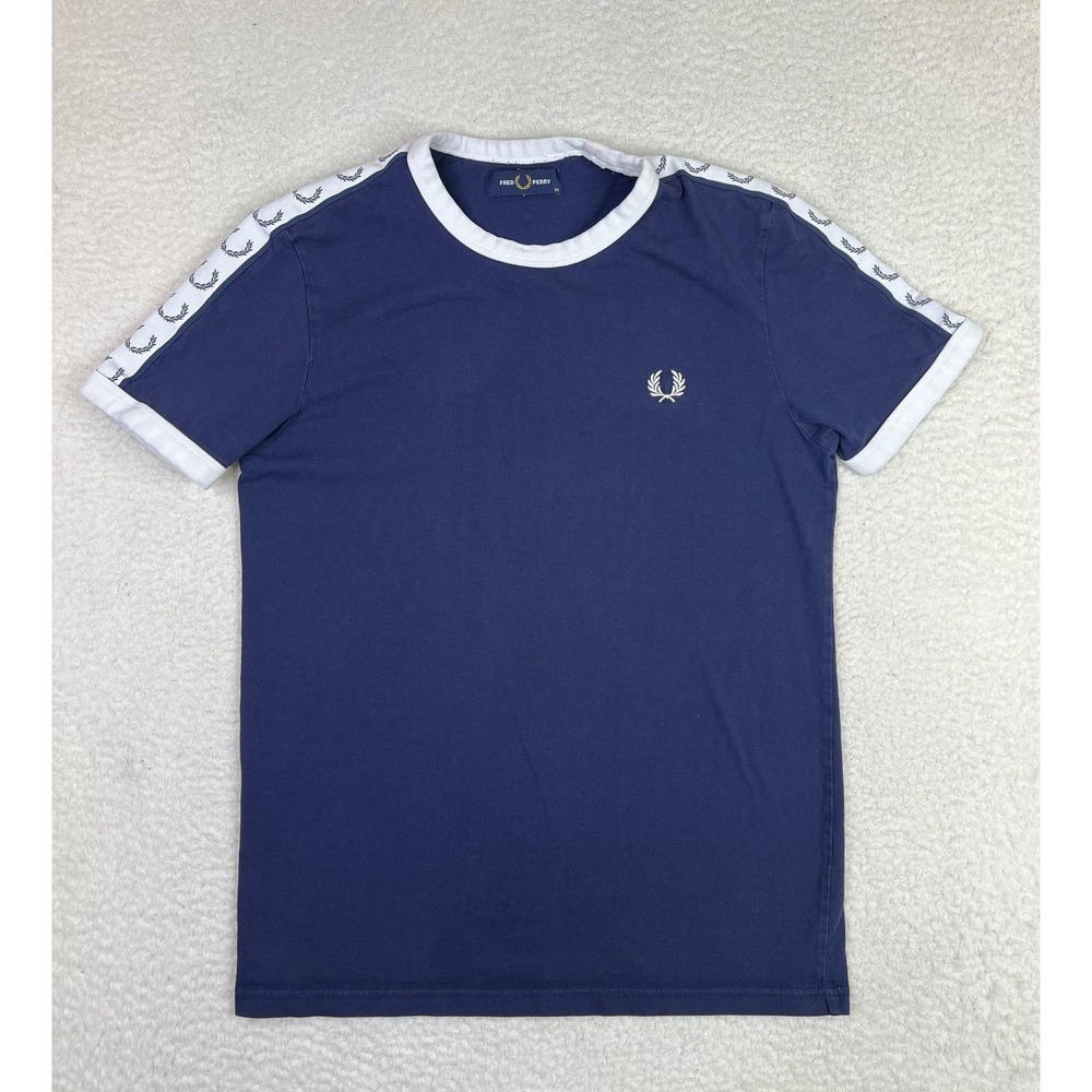 Fred Perry Shirt Mens XS Blue Taped Ringer Laurel Wreath Logo Sleeves Tee
